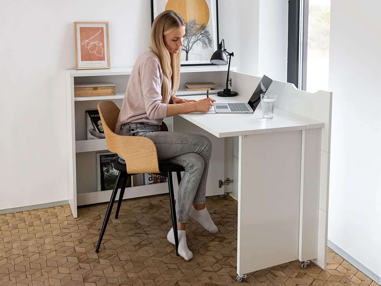 Mirjan24 Schreibtisch Ausziehbarer Work Concept, Eckschreibtisch, Arbeitstisch Computertisch, Eckschreibtisch, Winkelschreibtisch, Moderner Schranktisch (Weiß, Seite: Rechts)