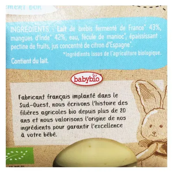 Babybio Sobremesas Lácteas Orgânicas de Leite de Ovelha com Manga +6 meses Pacote com 2 x 130g