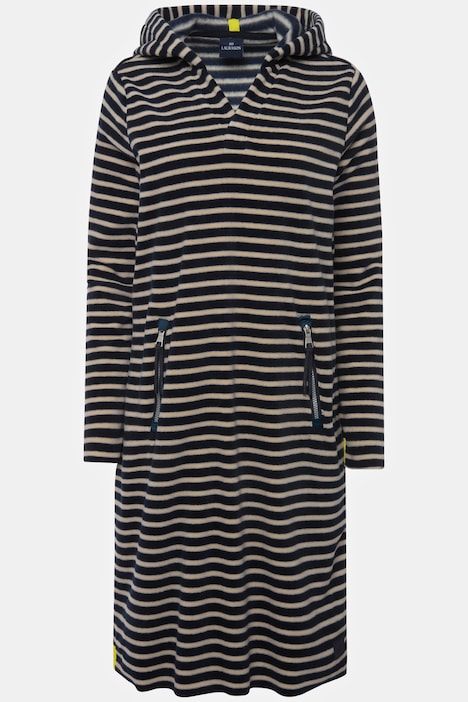 Kleid, geringelter Fleece, Midilänge, Kapuze, Langarm, OEKO-TEX