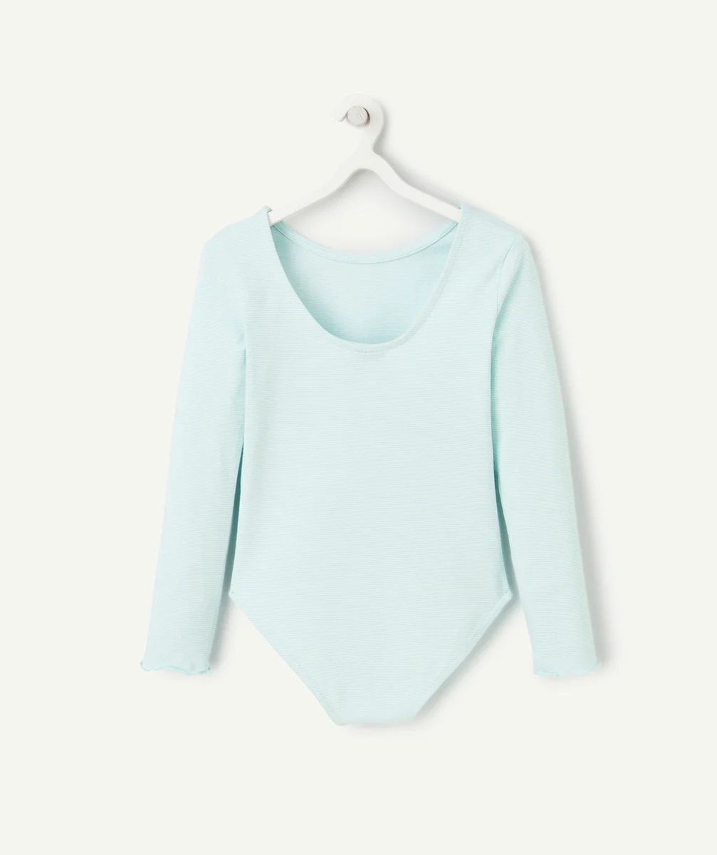body fille en coton bio bleu ciel avec fines rayures couleur argentée