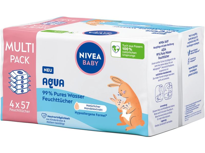 NIVEA BABY Feuchttücher Aqua Multipack 4 x 57 Stk. Aqua Wipes für zarte Babyhaut