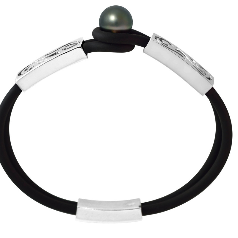 Bracelet Homme-Femme Tribal Néoprène Perle de Tahiti et Argent Massif 925