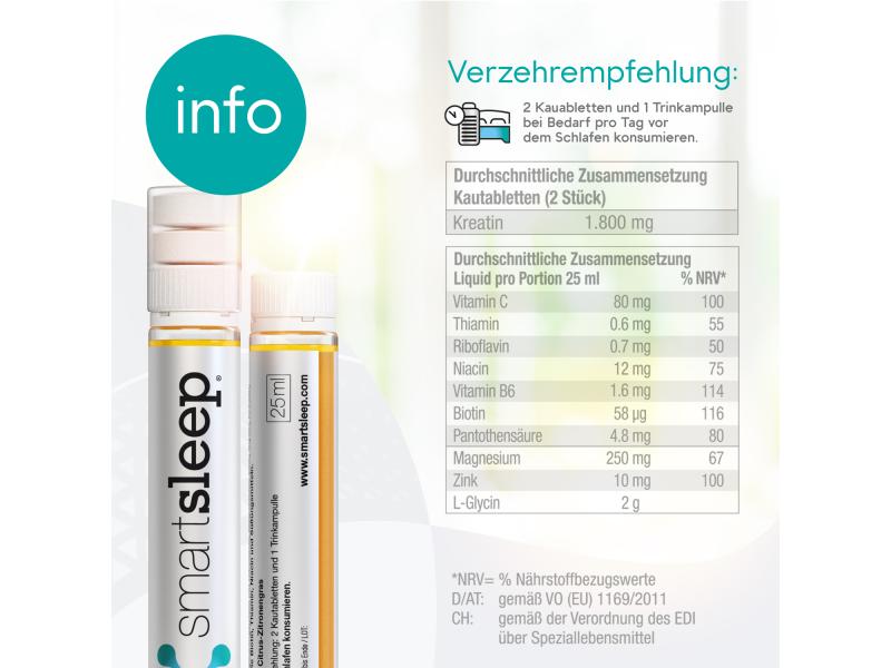 Smartsleep Original Ampullen 18 Stück mit 2 Kautabletten Veganes Nahrungsergänzungsmittel für den Schlaf