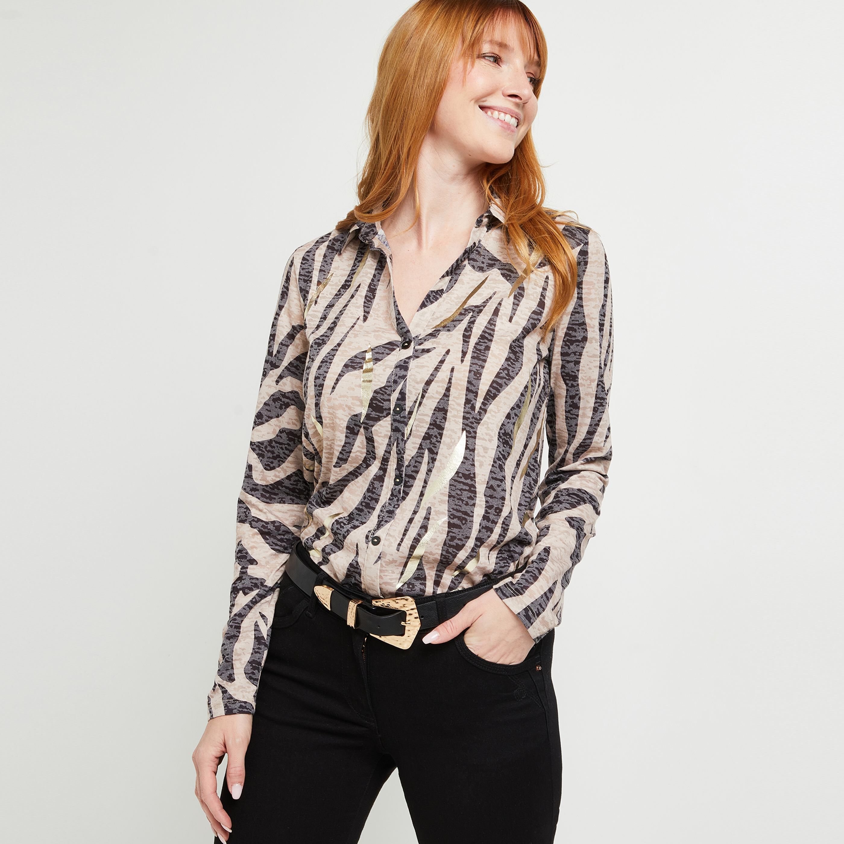 T-shirt boutonné zèbre femme - ECRU