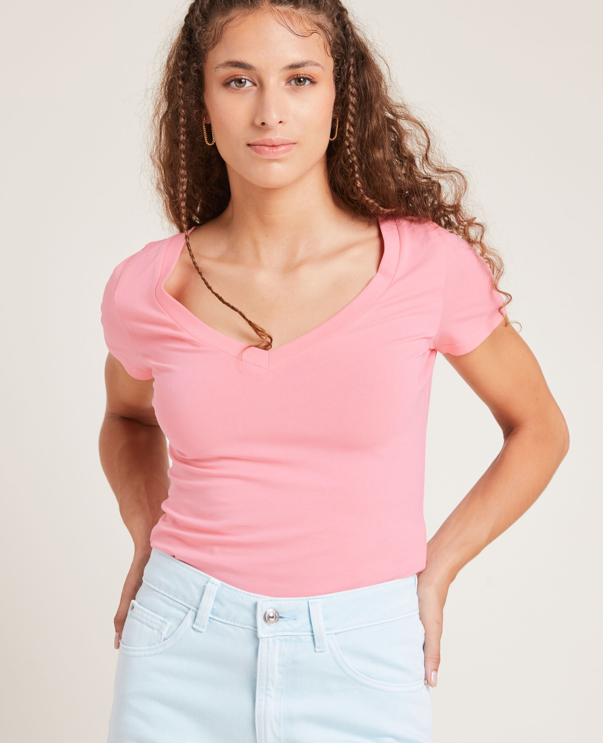 T-shirt basique col V - Rose