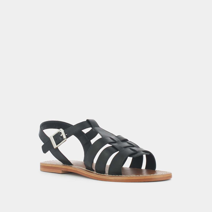 Sandales plates tressées  en cuir noir