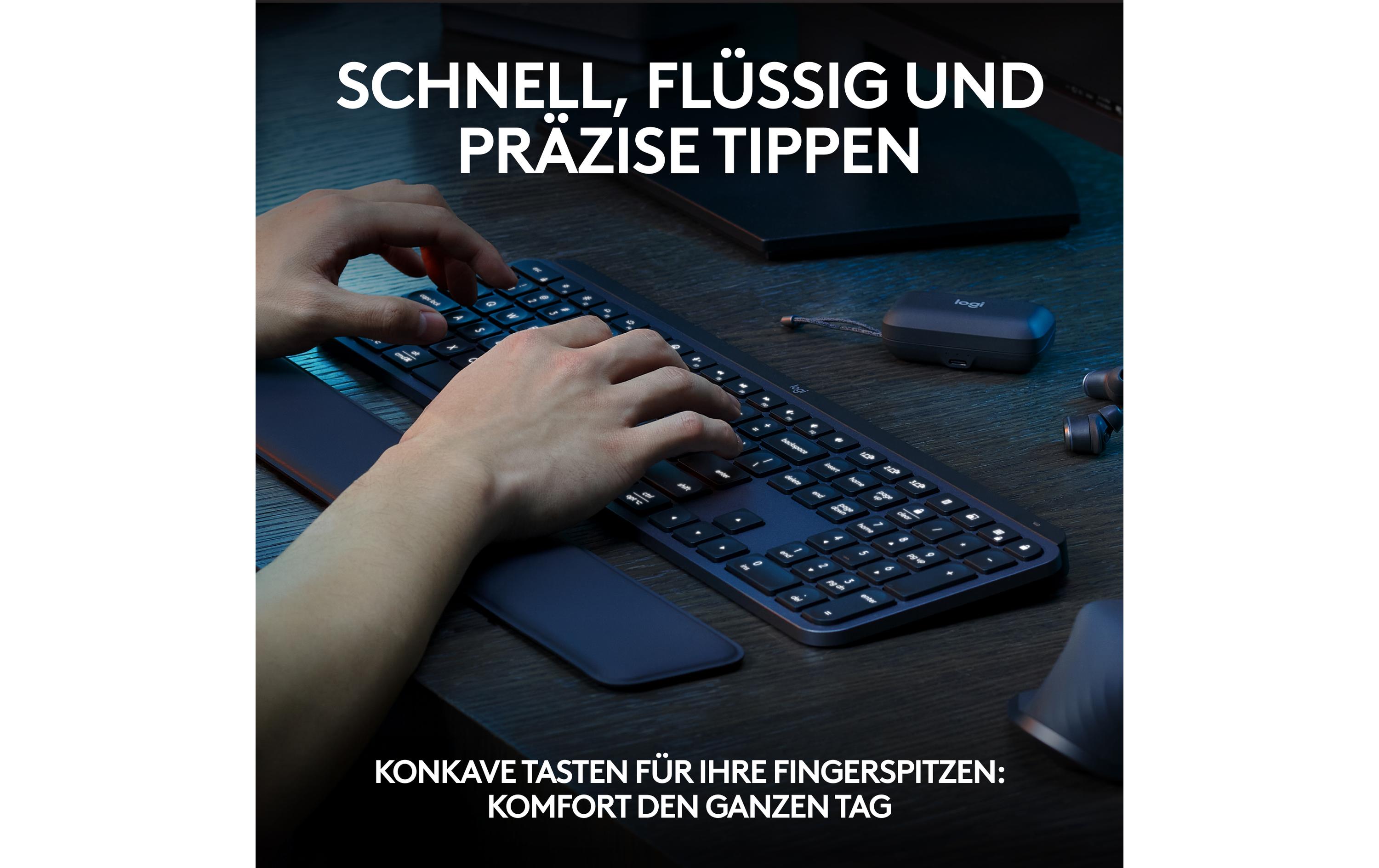 Tastatur MX Keys S Plus CH-Layout mit HandgelenkauflageKomfortable Tastatur mit Multi-Device Kopplung und intelligenter Beleuchtung