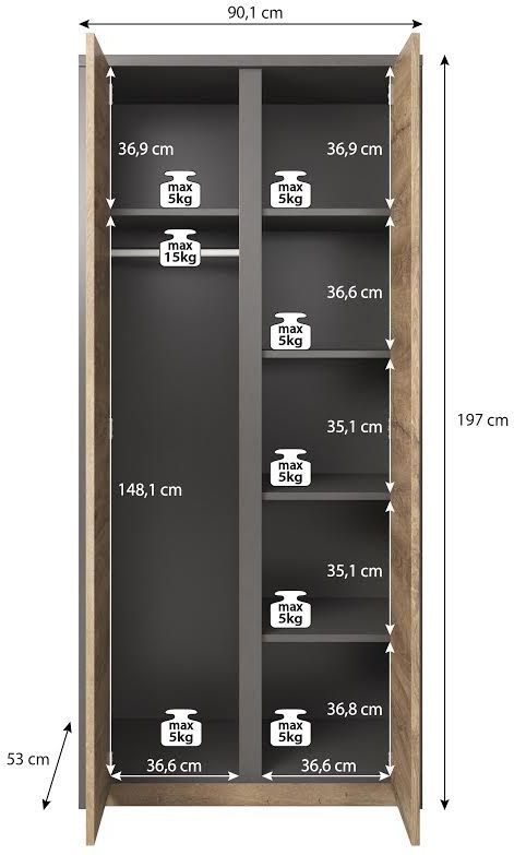 Meubella - Kledingkast Monaco - Eiken - Grijs - 90 cm