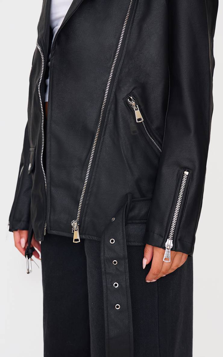 Noir Veste De Motard Longue Ceinturée En Synthétique