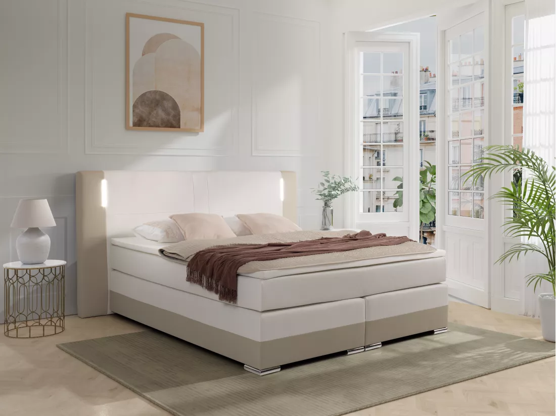 Ensemble complet boxspring tête de lit avec leds + sommiers + matelas + surmatelas - 160 x 200 cm - Simili - Crème et blanc - ASTI II de YSMÉE