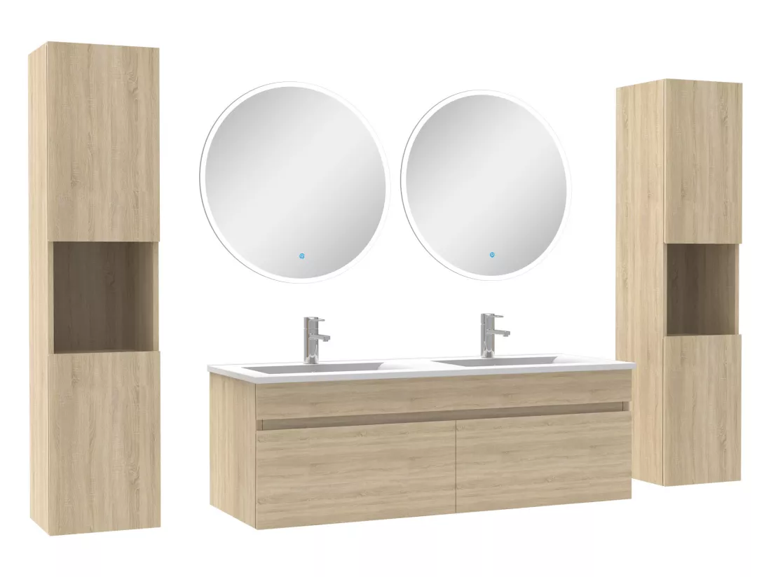 Ensemble meubles Salle de Bain double vasque 120cm, colonnex2 et miroir rond Chêne Wotan