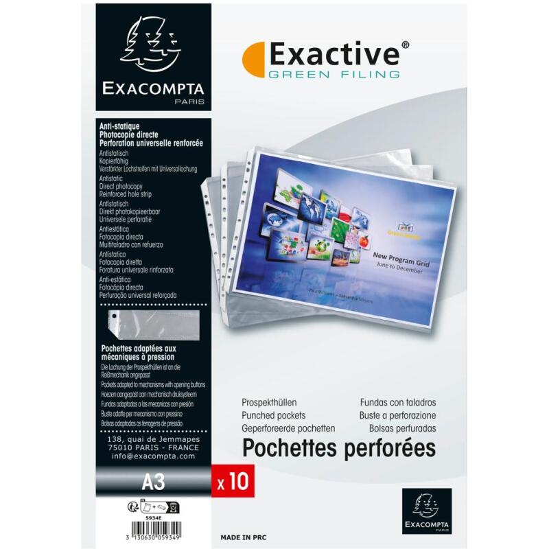 Sachet de 10 pochettes perforées biseautées pour classeur Exactive - polypropylène lisse  5,5/100 - A3