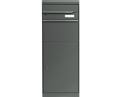 MEFA pakketbrievenbus, gepoedercoat plaatstaal, BxHxD 402/1091/310 mm, esdoorn 661 basaltgrijs RAL 7012 semi-mat, frontuitname, 2 compartimenten met naamplaatje