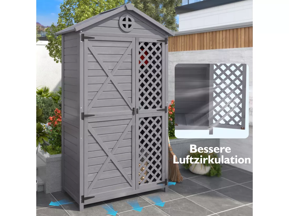 Abri de jardin en bois massif avec toit pente résistant aux intempéries - 2 portes 3 étagères - 90 x 56.5 x 175.3 cm - Gris