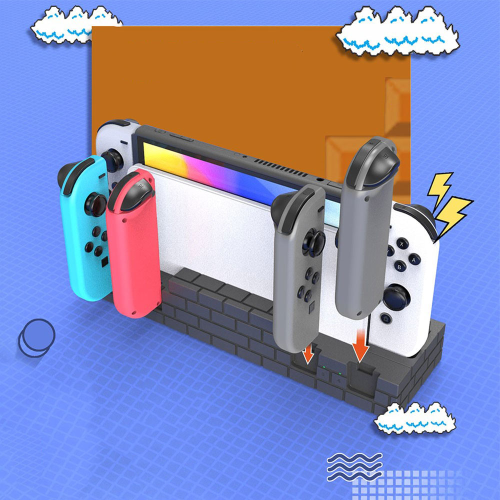 (4-fach) Ladestation Charging Dock für Nintendo Switch / OLED Joy-Con   Gamecard Halterung mit Brick-Design - Rot