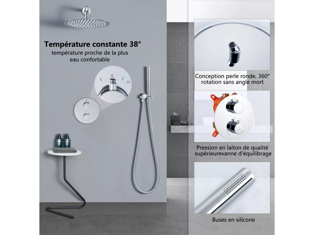 Encastré Colonne de Douche Thermostatique Système de Douche Rond Grande Douche de Tête Set de Douche Encastrée en Laiton Chromé Design Moderne