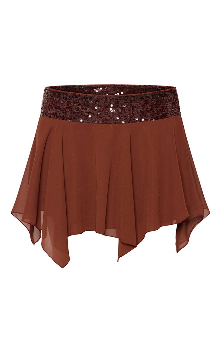 Chocolat Jupe Mini Fluide En Mousseline Avec Ceinture À Sequins