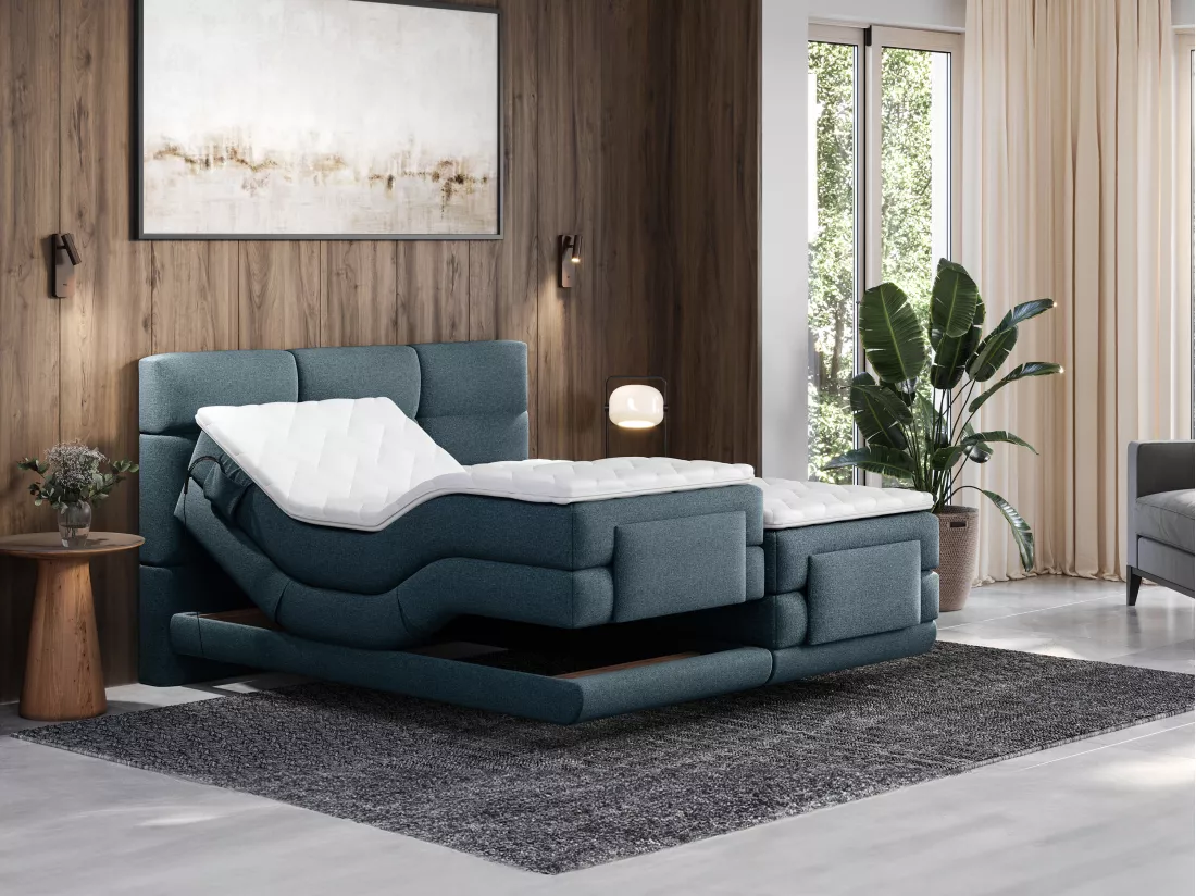 Ensemble complet boxspring tête de lit capitonnée + sommiers relaxation électrique + matelas + surmatelas - 2 x 80 x 200 cm - Tissu - Bleu - LODI de PALACIO