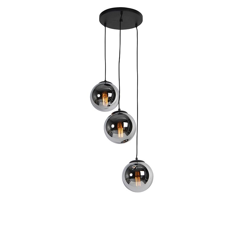Art deco hanglamp zwart met smoke glas 3-lichts - Pallon