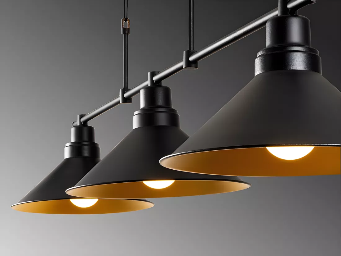 Lustre industriel en métal - 3 abat-jours - L. 108 x H. 55 cm - Noir - SIVANI