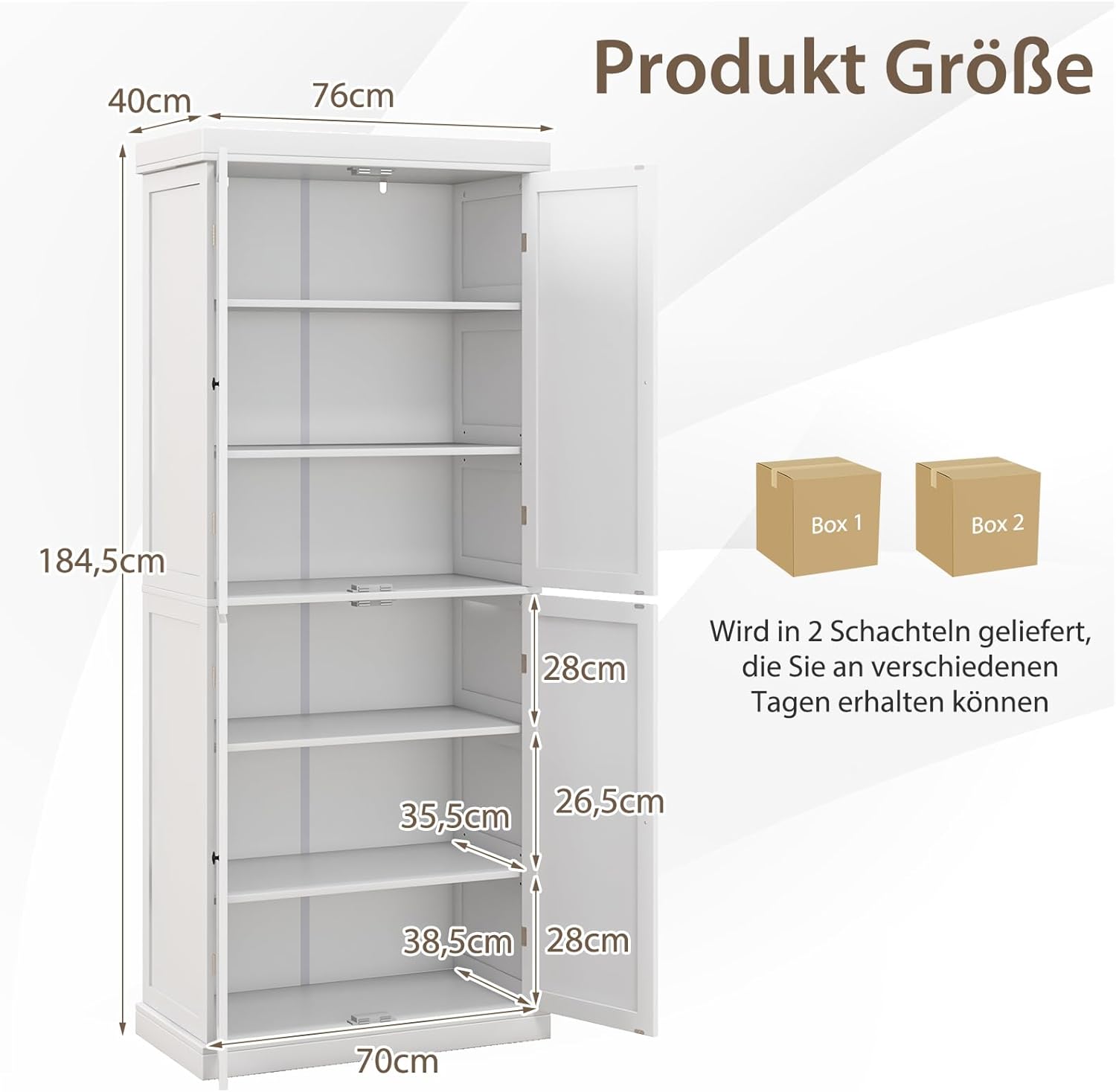 COSTWAY 6 stöckiger Küchenschrank, Hochschrank Küche mit 4 Türen & verstellbaren Regalen, Vorratsschrank freistehend, für Badezimmer, Wohnzimmer, Esszimmer, Büro, 76 x 40 x 184,5 cm, Weiß
