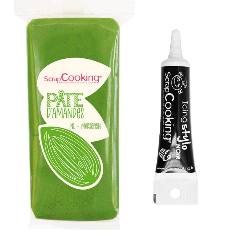 Pâte d'amande verte 200 g + Stylo de glaçage noir Scrapcooking