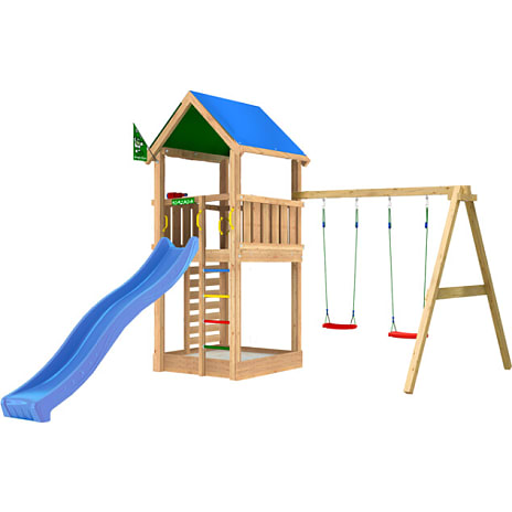 Jungle Gym Lodge 2.1 legetårn inkl. Swing Module og blå rutsjebane
