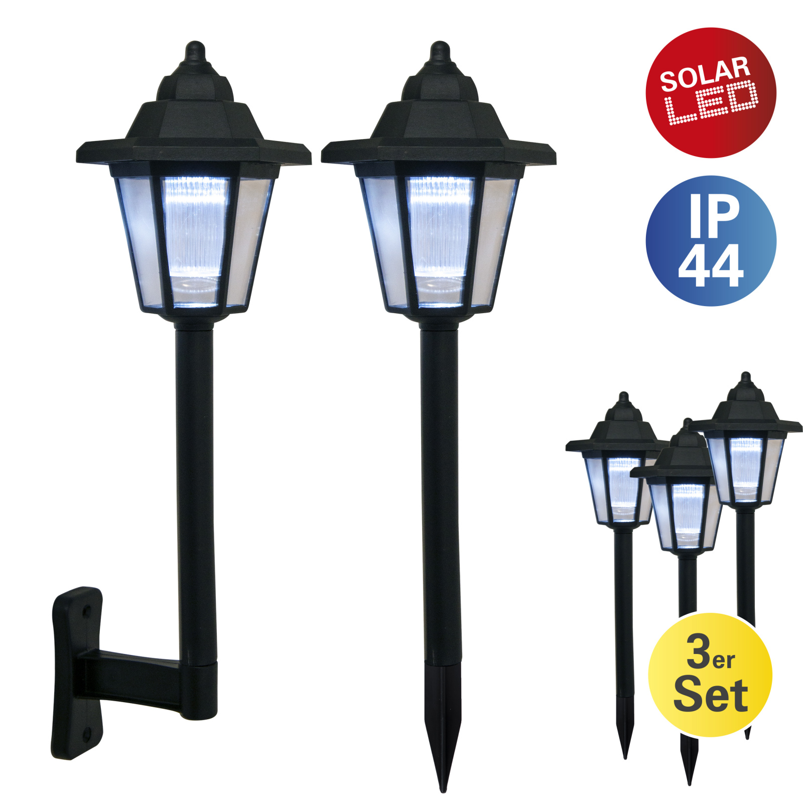 3er-Set Solar-LED-Erdspieß/Wandleuchte - schwarz - 11 cm breit