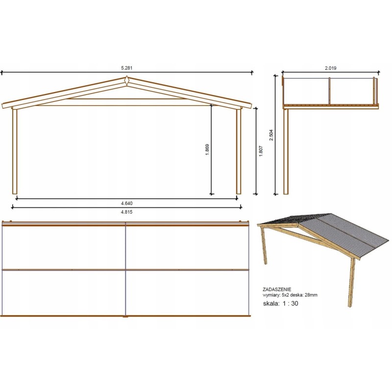 Abri de jardin en bois - 5x4 m - 30 m2 + terrasse avec balustrade et avant-toit en bois