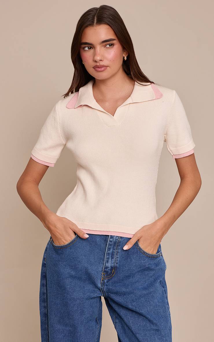 Crème Haut Polo En Maille Double Épaisseur Marron