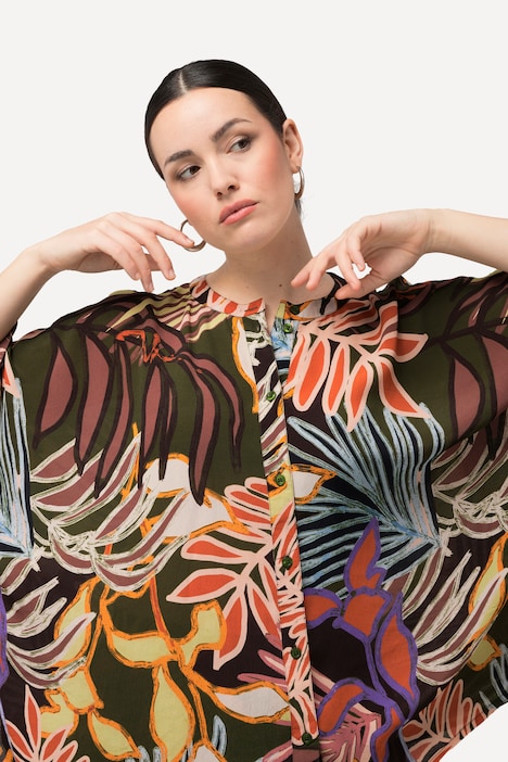 Bluse, Blätter, Oversized, Stehkragen, Halbarm