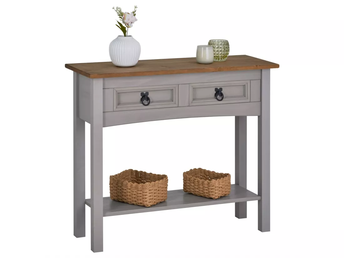 Table console RAMON table d'appoint rectangulaire en pin massif gris et brun avec 2 tiroirs, meuble d'entrée style mexicain en bois