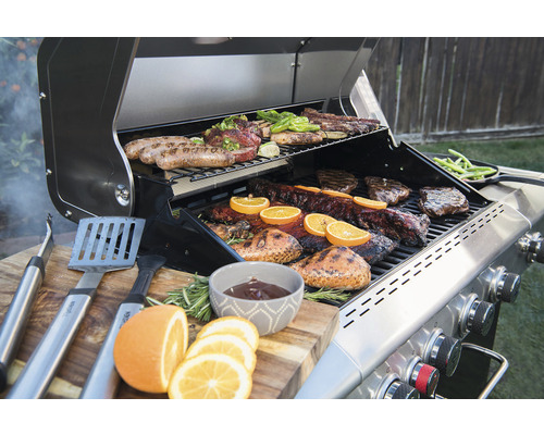 Nexgrill 4-pits gasbarbecue met achterbrander en zijbrander, zwart, inclusief rooster, dekselthermometer, vetopvangbak, grillrooster, hittebestendige handgreep, achterbrander, zijblad, zijtafel en warmhoudrek. Geëmailleerd grillrooster van gietijzer.