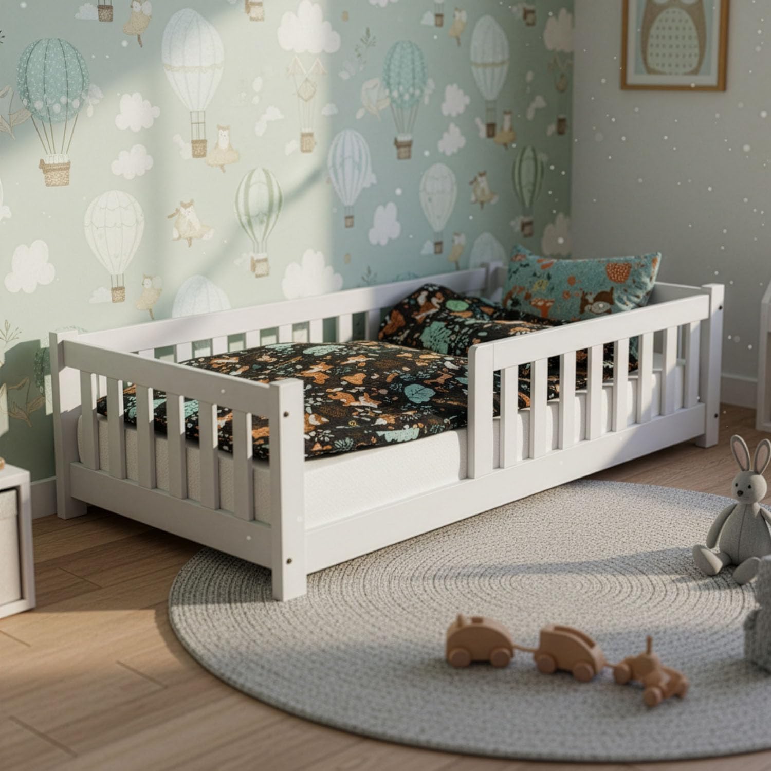 Juskys Kinderbett Naya - 90x200 cm Bett mit Rausfallschutz & Lattenrost - Holz Bodenbett für Kinder 3-10 Jahre - modernes Bettgestell Weiß