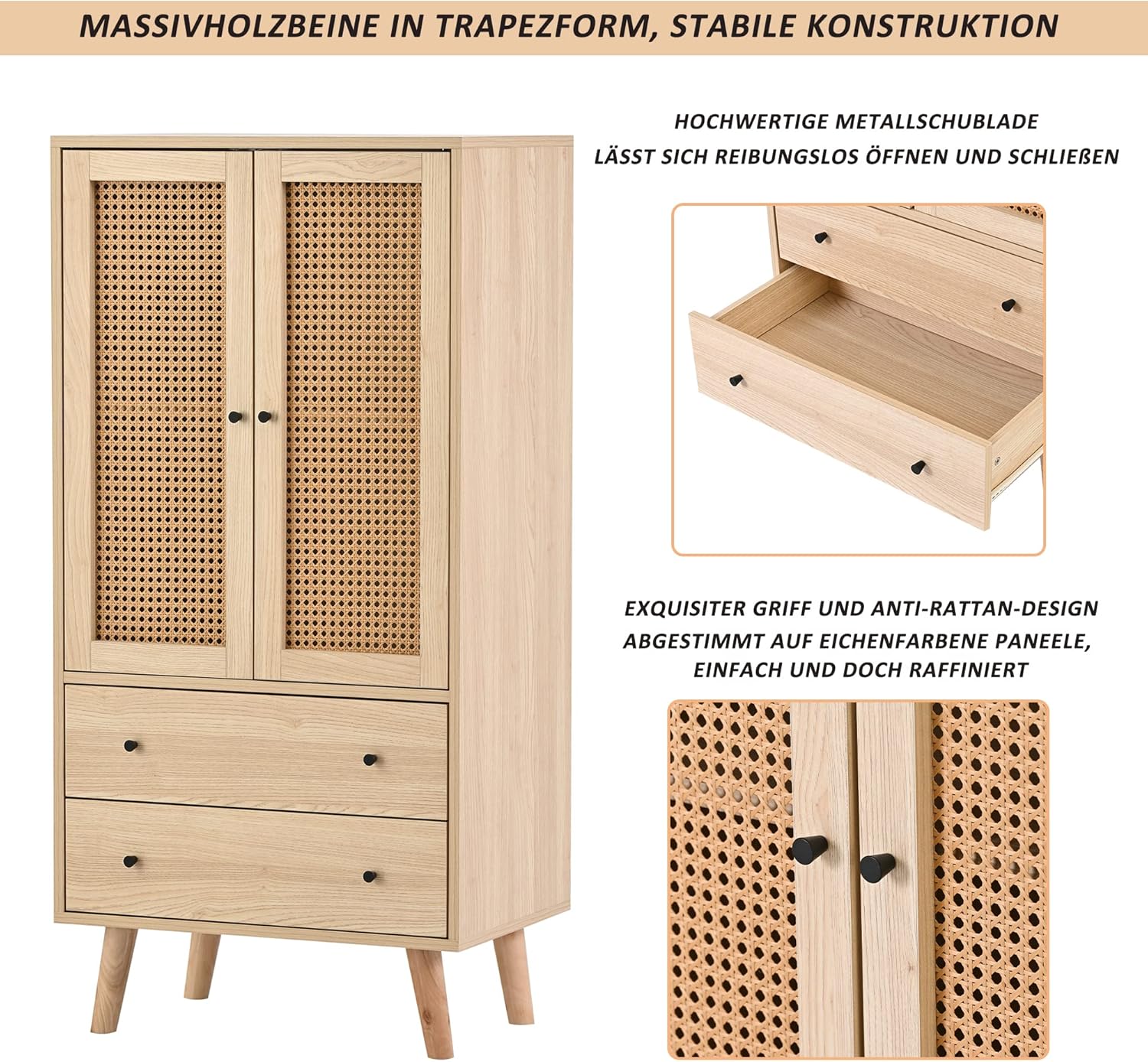 Merax Rattan Sideboard Kommode Wohnzimmer mit 2 Rattantüren und 2 Schubladen, Sideboard Holz Buffet Aufbewahrungsschrank Küchenschrank mit 4 Stauräumen, Eiche/60x40x120cm