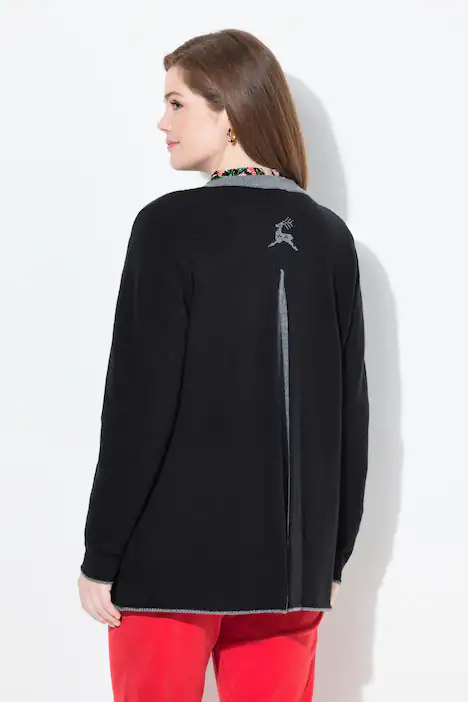 Long-Strickjacke, Hirsch-Stickerei, A-Linie, Stehkragen, schwarz