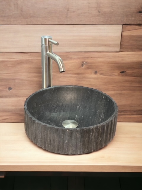 B-Stone R waskom natuursteen grijs met ribbel 36cm