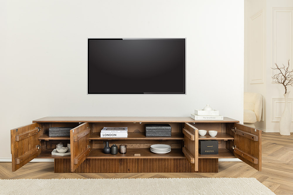Massivholz TV-Lowboard ART DECO 200cm braun smoked Mangoholz 3D-Front