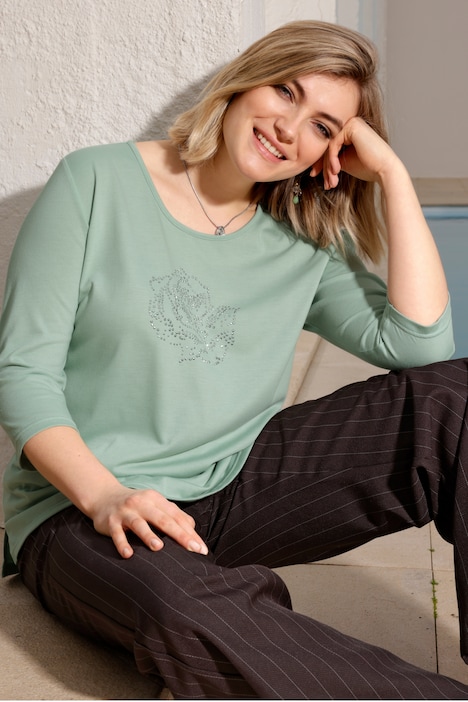 T-Shirt, Rosen-Motiv, Rundhals, 3/4-Ärmel