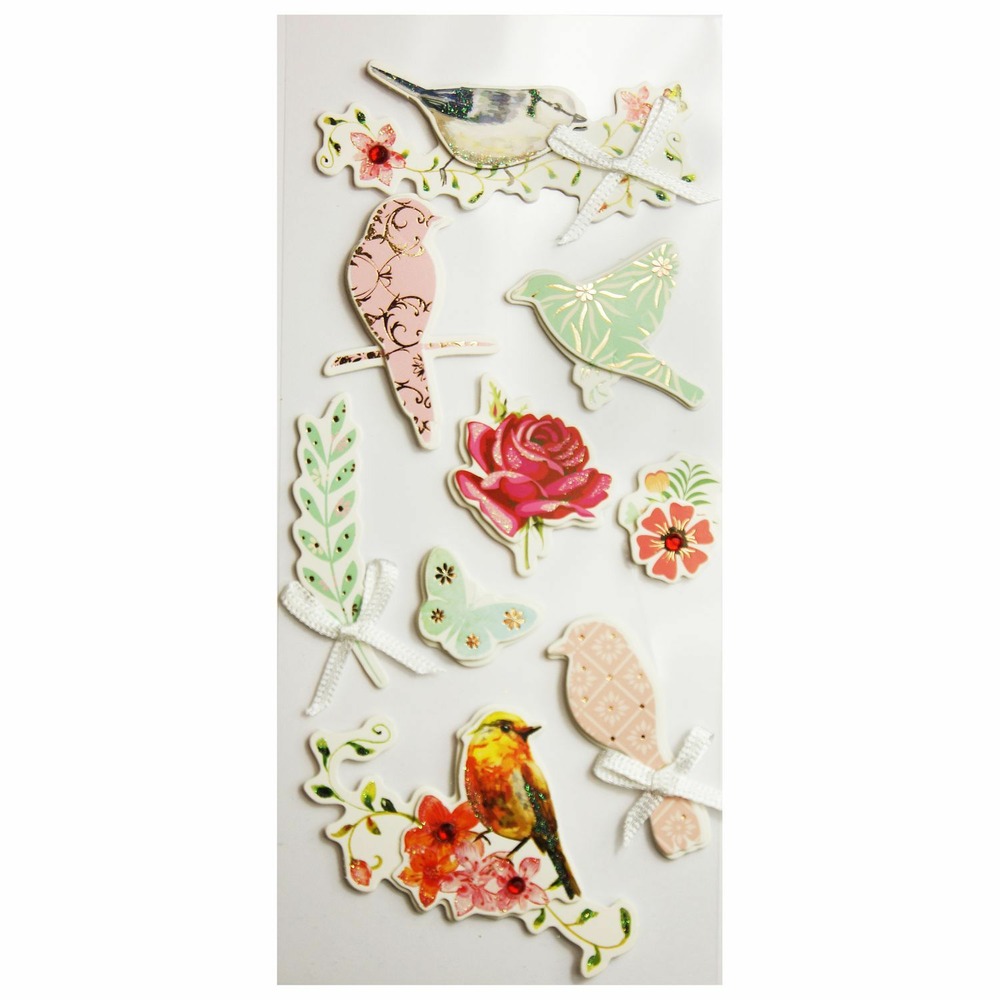 Autocollants en relief à paillettes - oiseaux et fleurs
