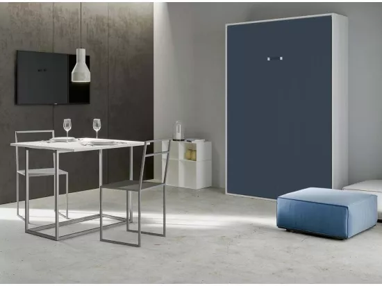 Lit escamotable vertical frêne blanc et porte bleu kanto 140x190