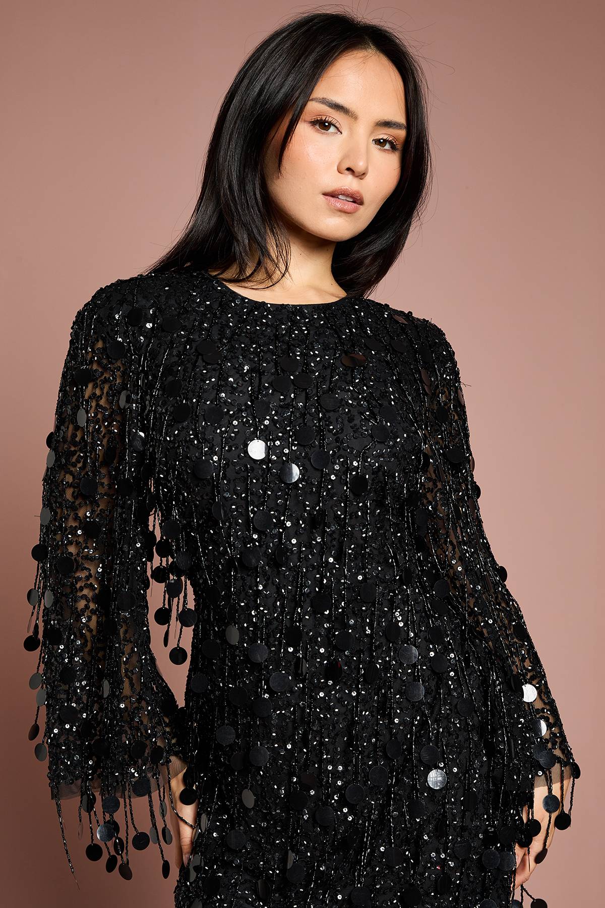 Coast Robe Midi Petite à Manches Longues avec Sequins et Franges pour Soirée