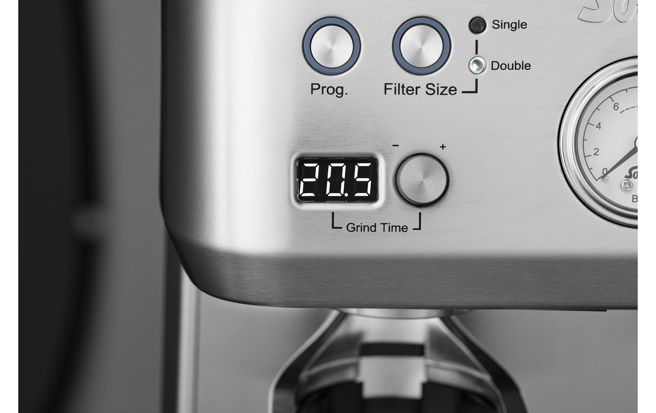 Siebträgermaschine Grind & Infuse Perfetta Silber<br>Voll ausgestattete Espressomaschine mit geräuscharmem, eingebautem Mahlwerk,