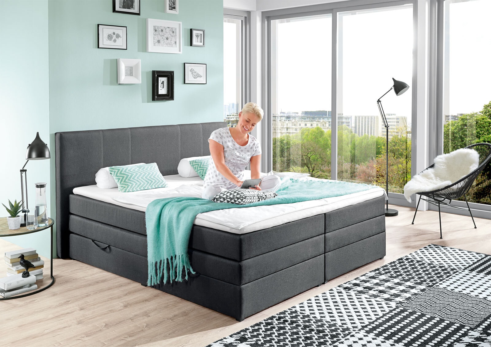 Boxspringbett Vegas Stoffbezug Anthrazit Bonellfederkernca. 180 x 200 cm