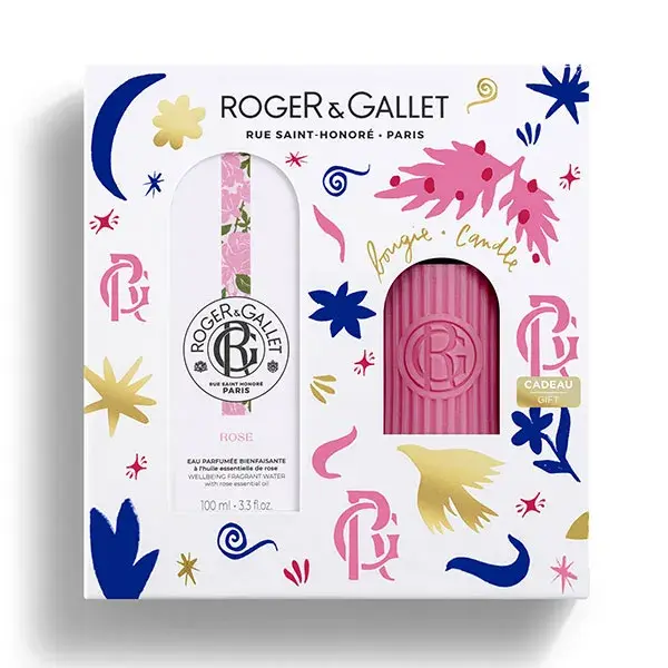 Conjunto de presente Roger & Gallet: Água perfumada de rosas benéficas 100ml e vela perfumada.