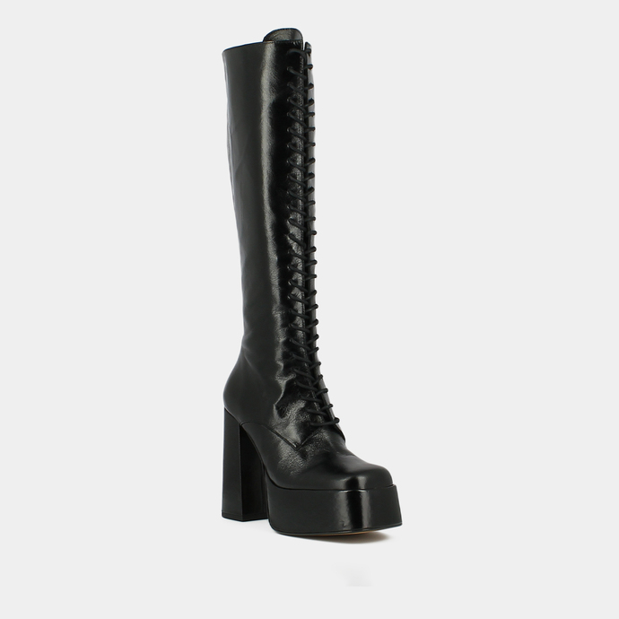 Bottes à plateformes et lacets  en cuir vieilli noir