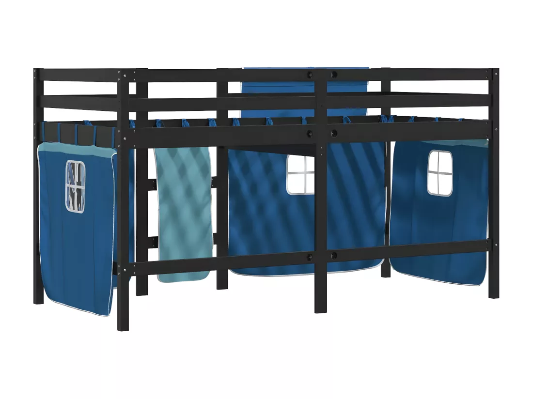 Lit mezzanine enfants et rideaux bleu 80x200cm bois pin massif