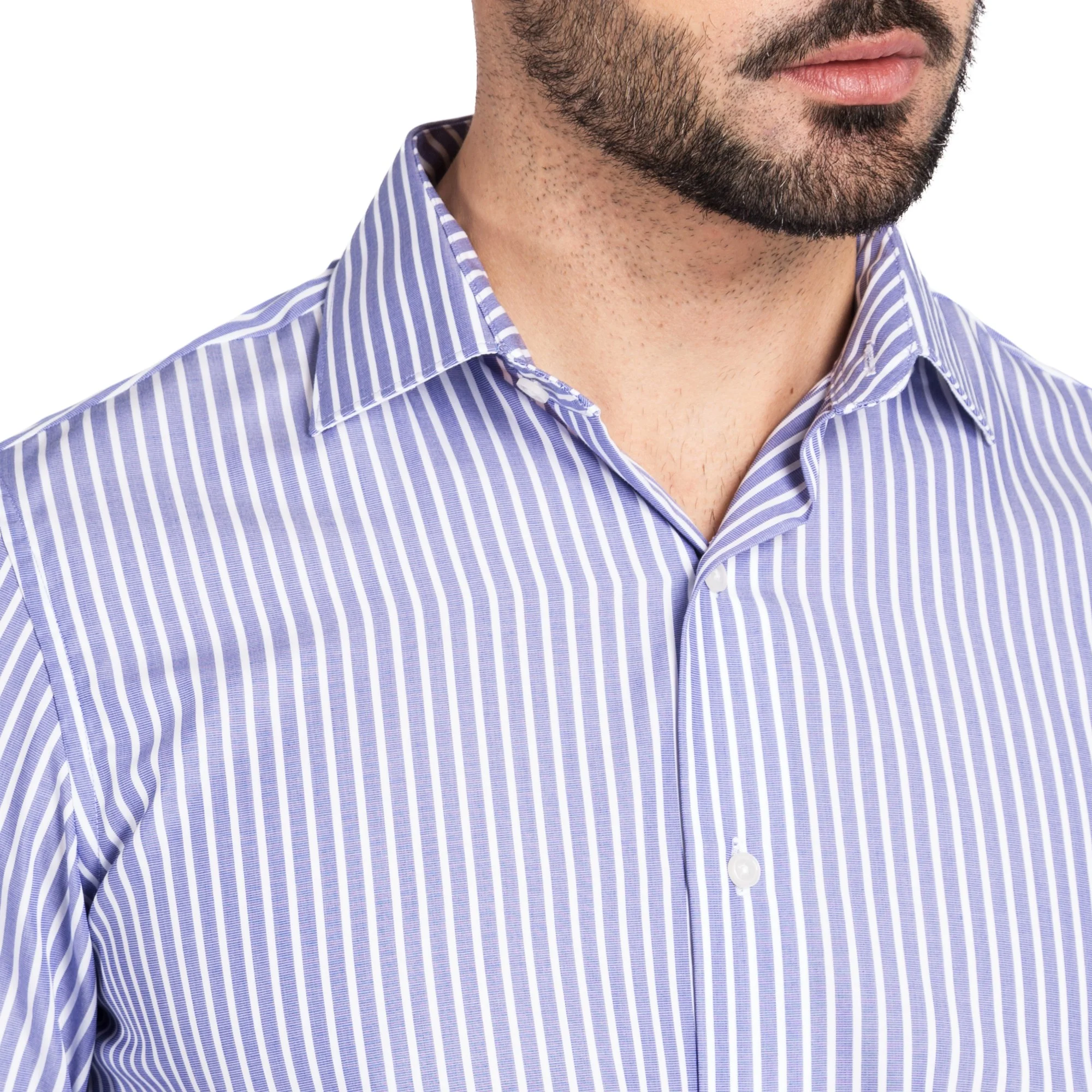 Chemise droite à poignet mousquetaire rayures bleues 100% coton