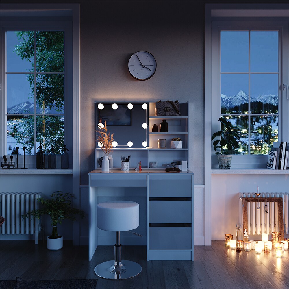 Vicco Schminktisch Sherry Weiß Hochglanz 90 x 75 cm Spiegel LED & Hocker Regal