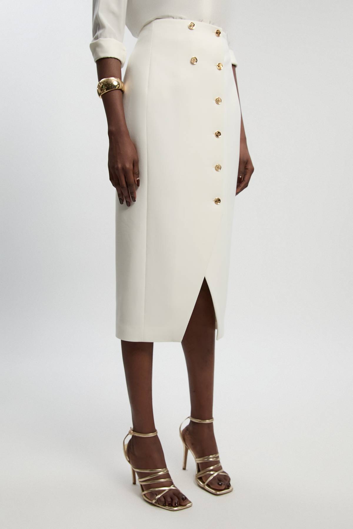 KarenMillen Jupe Midi Texturée Compacte Stretch À Détails Boutonnés
